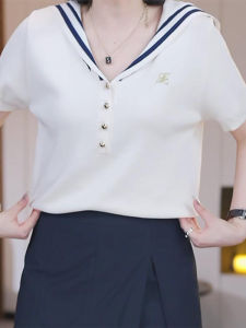Shalldoer | Casual Korean Style Knitted Shirt Navy Collar Short Sleeve Womens Fashionable Ageless Top Summer Leisure Versatile Ladies Wear