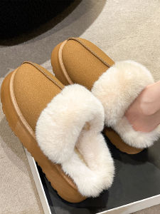 Womens Fashionable Fur Lined Snow Boots Slippers Thick Bottom Covered Toe Half Slippers Trendy Cotton Slippers for Autumn Winter