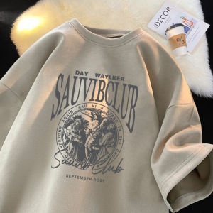 Retro Japanese Style Suede Short Sleeve T-Shirt Mens Summer New Loose Casual Top Breathable round Neck Plant Floral Print