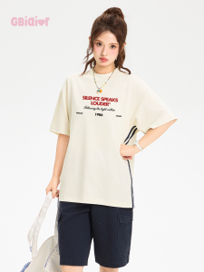 Gbiaior | American Style Letter Print Contrast Splicing Chinese Trend Short Sleeve T-Shirt Female Loose Casual Top