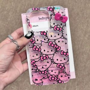 Sanrio Hello Kitty Bow Full Screen KT Gradient Phone Case For iPhone 15 14 13 12 11 Pro Max XR XS MAX 7 8 Plus Y2K Pink Cover