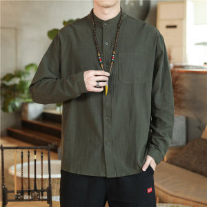 Linen Long Sleeve Shirt Jacket Mens Spring Fashion Chinese Style Stand Collar Cotton Linen Breathable Top Youth Casual Wear