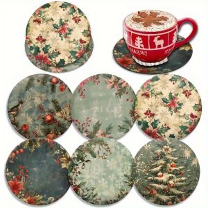 2D Vintage Christmas Decorative Mat 4in Wooden Round Coaster Winter Plants Christmas Tree Art Tableware Mat Christmas Decora