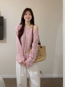 YUEZHONGWEI | Stripe Off-Shoulder Light Summer Tunic Sun Protection Shirt