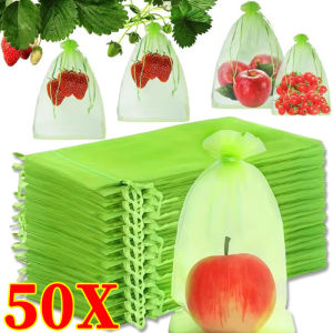 50pcs Vegetable and Fruit Protection Bag / Pest Control Bird-proof Mesh Bags / Green Breathable Organza Drawstring Pouch for Orchard