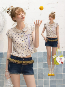 unifree | Áo Sơ Mi Tay Ngắn Peter Pan Collar Chấm Bi Tùng Xòe Nơ Màu Đối Lập