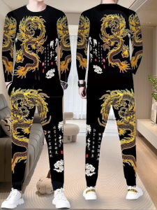 Casual Printed Long Sleeve Long Pants Mens Set Spring Autumn Trendy Dragon Year Male Fashionable Sportswear Ensemble