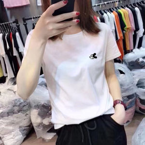 Summer New Loose Cotton Short Sleeve T-Shirt Women Basic Style White Versatile Top Korean Style round Neck Printed Casual Wear