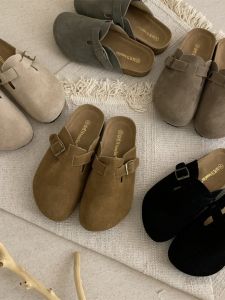 Thick Bottom Matte Leather Bocan Sandals Women Outdoor Wear 2025 New Autumn Winter Casual Half Slip on Shoes Slipper