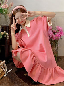 Dopamine Pink Polo Dress Women Summer Super Popular Cute Sweet Girl Loose T-Shirt Dress Girl Style Bubble Sleeve Mid-length Skirt