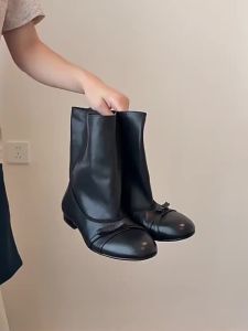 CAIZINI | French Design Round Toe Bow Short Boots Mid Calf
