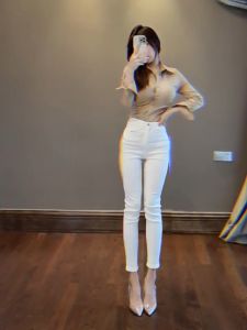 2025 New Skinny Stretch Matching Small Foot Pencil Pants & White High-Waisted Jeans Women
