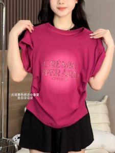 Slim Fit Large Size Summer T-Shirt for Women Ruched Waist Red Short Sleeve Work Clothing Crewneck Independent Design