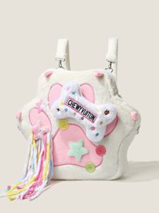 Cute Hexagonal Plush Cat Paw Backpack Casual Y2K Millennium Niche Double Shoulder Bag Soft Girl Small Dog Paw Purse