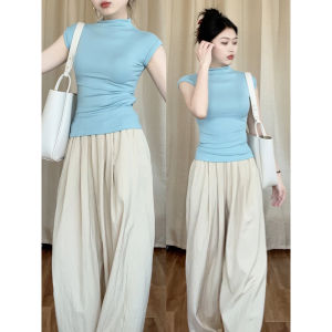 Áo Thun Tay Ngắn Dệt Kim Lụa Băng Màu Xanh Lam Cổ Cao Cạp Cao Mùa Hè Ôm Vừa Vặn Ngắn Quần Áo Công Sở Thường Ngày