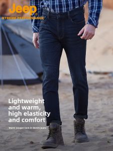 Jeep | Jeep Mens Outdoor Casual Jeans Windproof Warm Long Pants High Waist Washed Denim Autumn Winter New Arrival City Outdoor