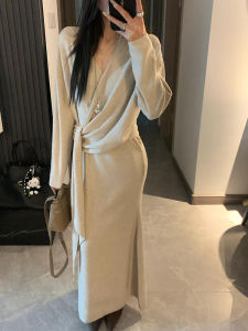 Elegant French Style Long Sleeve V-Neck Slim Fit Dress Womens Autumn Winter New Style Base Layer Inner Wear A-Line Skirt