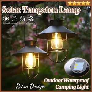 Retro Solar Tungsten Lamp Iron Hanging Outdoor Waterproof Camping Light Garden Courtyard Decoration