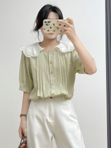 Sainag Summer Womens Short Sleeve Shirt Sweet Striped Embroidered Doll Collar Top Polyester Fiber Cute and Youthful Style