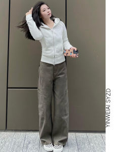 Tall Womens Loose Fit Extended Length Green Workwear Wide Leg Jeans High Waist Straight Cut Pants Slimming Versatile Spring New