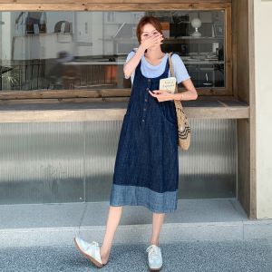 YINLUOYA | Summer Beautiful Denim Overalls Dress Set Women Casual Age-defying Two-piece Short Sleeve Round Neck Other 100% Material