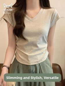 Miiow | Pure Cotton Grey Short Sleeve V-neck Womens T-shirt Slim Fit Base Layer Versatile Summer New Style MiiOW Cat Person T-shirt