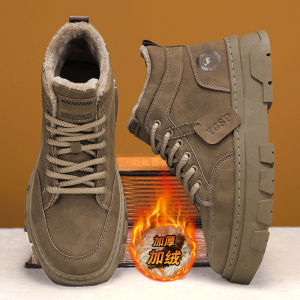 รองเท้าบูทมาร์ตินกันน้ำกันลื่นสำหรับผู้ชายฤดูหนาวแบบย้อนยุคสไตล์อังกฤษ รองเท้าบูทกันน้ำกันลื่นแบบสวมหัวกลม พื้นยาง