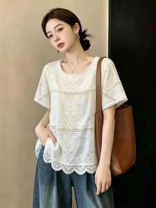 Lace Hook Embroidery Hollow Short Sleeve Plus Size Slimming Design Sense Younger Womens Shirt