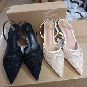Autumn New White Pointed Toe Women's Shoes with A Tie Belt After The Toe Temperament Stiletto Beaded Mesh Sandals for Women