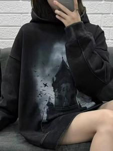 เสื้อฮู้ดคู่พิมพ์ลายปราสาทสไตล์อเมริกันย้อนยุคหลวมๆ ฤดูใบไม้ร่วง/ฤดูหนาว เสื้อคลุมกันหนาวแบบลำลอง สไตล์เกาหลี ปกติ