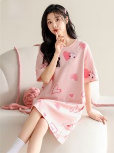 Plandoo Nightdress Womens Pure Cotton Summer 2024 New Arrival Cotton Short Sleeve Cute Thin Pajamas Dress Homewear