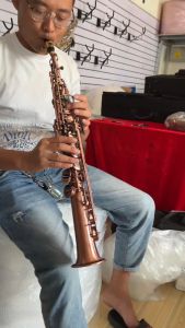 [ammoon]Brass Straight Bb Soprano Saxophone Nickel Plated Sax Woodwind Instrument Carve Pattern with Case Gloves Cleaning Cloth Straps Brush (Red)