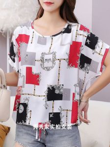 Summer Thin Cotton Silk T-Shirt Womens Loose Top Flower Print round Neck Short Sleeve Batwing Sleeve Classic Style Commute Fashion