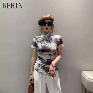 REHIN High-end Retro-style buckle stand collar short-sleeved T-shirt printed fashionable design perfect as a bottoming shirt or European-style tops