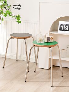Nordic Style Green Solid Wood Low Stool Stainless Steel Miniature Home Use Popular Ins Middle Ancient round Board Stool