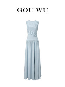 GOUWU | Slim Knit Round-Neck Patchwork Long Dress