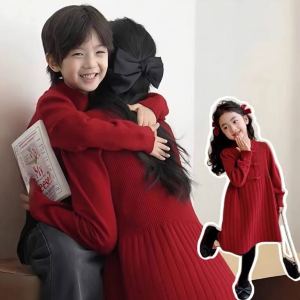New Chinese Style Family Matching Clothes Red Knitted Sweater with Button New Year Outfit Mother Daughter Skirt Dress Children