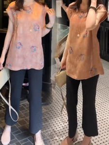 Shalldoer | ชุดเสื้อเชิ้ตแขนสั้นผู้หญิงสไตล์ย้อนยุคสไตล์จีนฤดูร้อน 2025 กางเกงขายาวทรงตรงลำลอง ชุดสองชิ้น