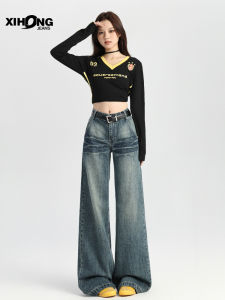 กางเกงยีนส์ทรงตรงเอวต่ำสไตล์อเมริกันย้อนยุคสำหรับผู้หญิง กางเกงขายาวทรงหลวมสบาย ๆ ทรงหลวม กางเกงยีนส์ทรงหลวมสำหรับฤดูใบไม้ร่วงและฤดูหนาว