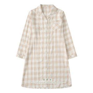 Japanese Style Plaid Long Sleeve Womens Sleep Dress Lightweight Cotton Gauze Loose plus Size Maternity Summer Spring Autumn