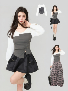 Keiko | Spring Smart Career Faux Two-Piece Heart-Collar Color-Block & Ruffle Detailing Shirt