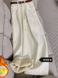 กางเกงยีนส์ขากว้างผู้หญิง ทรงหลวม ทรงยาวถึงพื้น หนา ปิดด้วยซิป ฤดูหนาว 2025 กางเกงยีนส์ผู้หญิงแฟชั่นเกาหลี