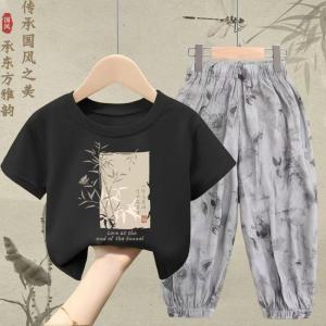New 2025 Childrens Summer Cotton Ice Silk Short Sleeve Mosquito Proof Two-Piece Suit Pure Cotton Long Pants Baby Top Set
