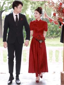 Red Chinese Cheongsam Dress Wedding Engagement Ceremony Qipao Suit for Women Short Sleeve Mid-Length A-Line Skirt Gown