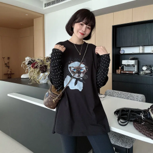 Áo Thun Tay Dài Dáng Rộng Phong Cách Cổ Tròn Họa Tiết Chấm Bi Cho Nữ Mùa Thu 2025 Áo Sơ Mi Không Tay Giả Hai Mảnh