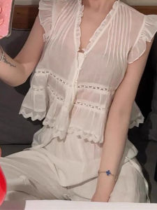 French Lace Trim Blouse White Loose Womens Shirt Beautiful Summer New Style Slimming Short V-Neck Sleeveless Korean Style
