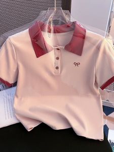Shoulder Collision Color Polo Neck Short Sleeve T-Shirt Women Summer New Style Slim Fit Short Length Top Korean Style Cotton Blend