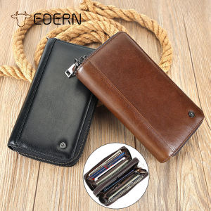 EDERN Genuine Leather Clutch Bag for Men Retro Long Wallet Mens Business Cowhide Wristlet Multi-Card Slot Card Holder 6.7-inch Phone Wallet