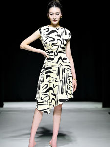 New 2025 Commute Silk Geometric Print Tea Break Short Sleeve Womens Dress Irregular Design A-Line Skirt Soft Polyester Blend