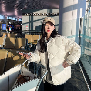 Spring 2024 Womens Loose Diamond Grid round Neck down Cotton Jacket Short Style College Style Cotton Coat Long Sleeve Regular Fit